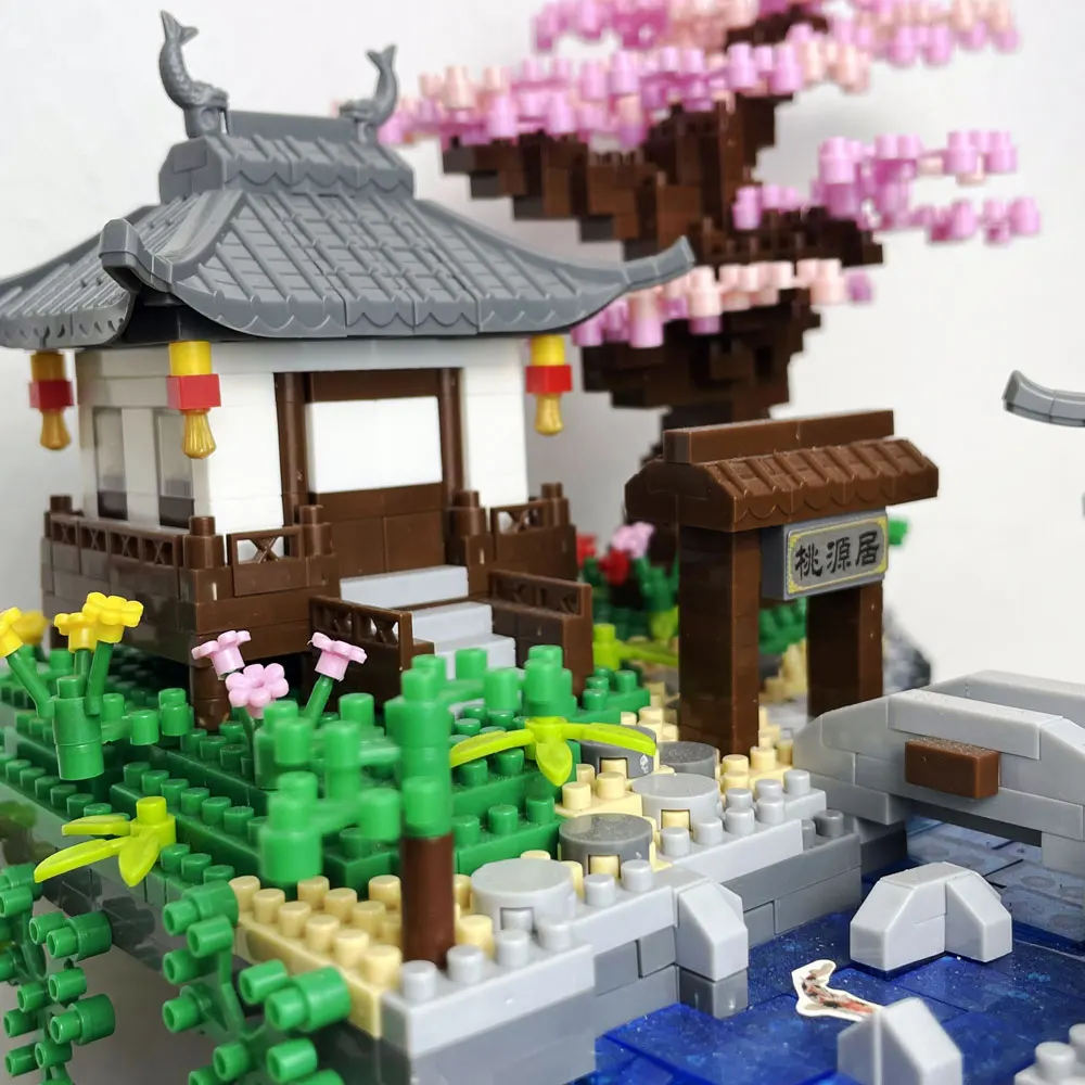 Taohuatan-Juego de bloques de construcción de Micro ladrillos con temática de lago, juguetes creativos para adultos, ladrillos de modelo de paisaje chino único con luz LED