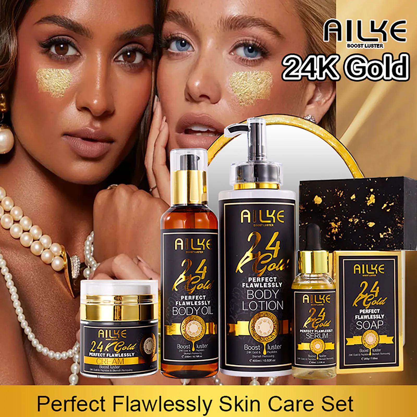 AILKE 24K Glod Set de cuidado de la piel impecable, blanqueamiento, reduce las manchas oscuras, la pigmentación, las arrugas, hidrata, para todo tipo de piel