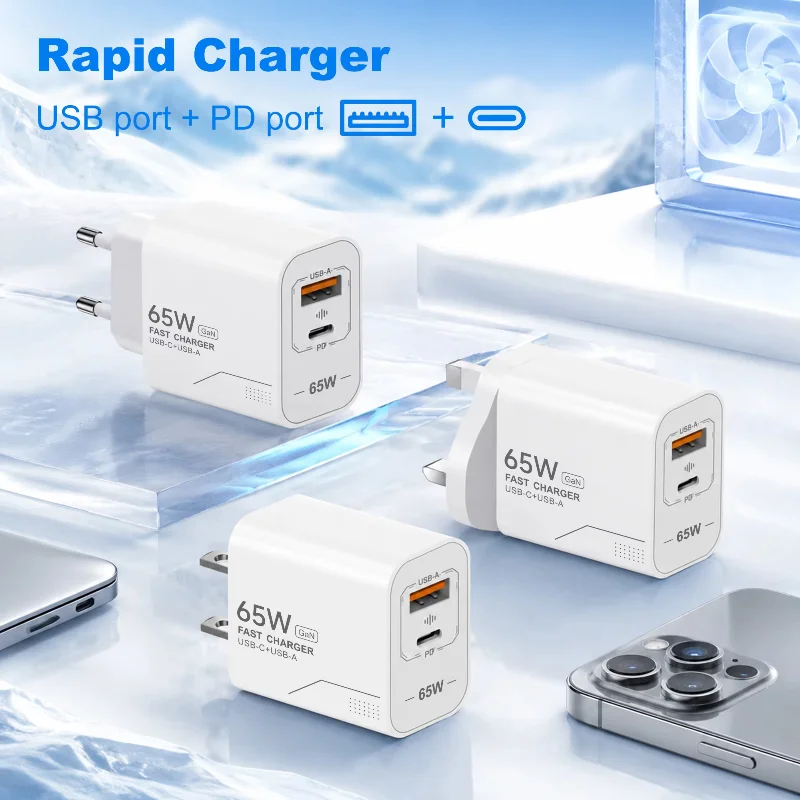 Cargador USB C Lenovo 65W GaN de 2 puertos con carga rápida para teléfono, adaptador de corriente para iPhone, Samsung, tipo C, enchufe europeo/estadounidense, cargador de pared