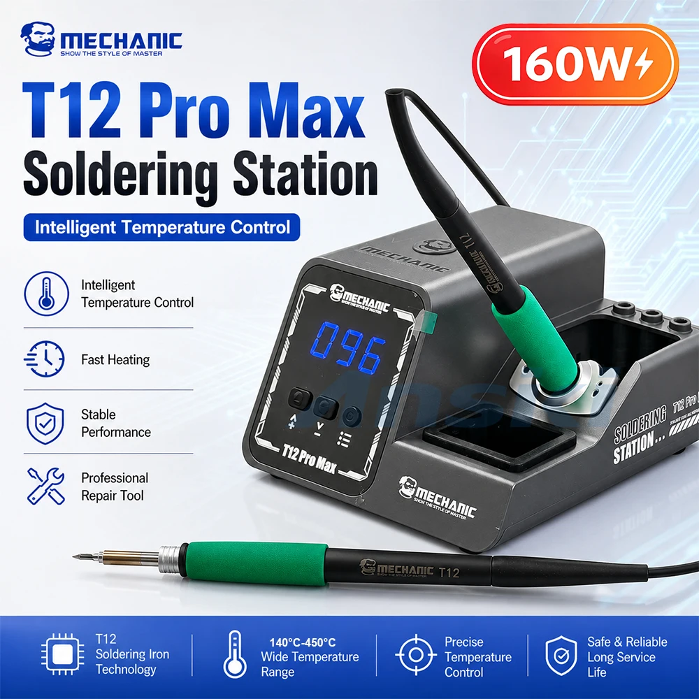 Estación de soldadura MECHANIC T12Pro Max T12 con control PID, 160W de alta potencia, calentamiento rápido en 4s, modo de reposo inteligente, herramienta de reparación de soldadura con mango T12.