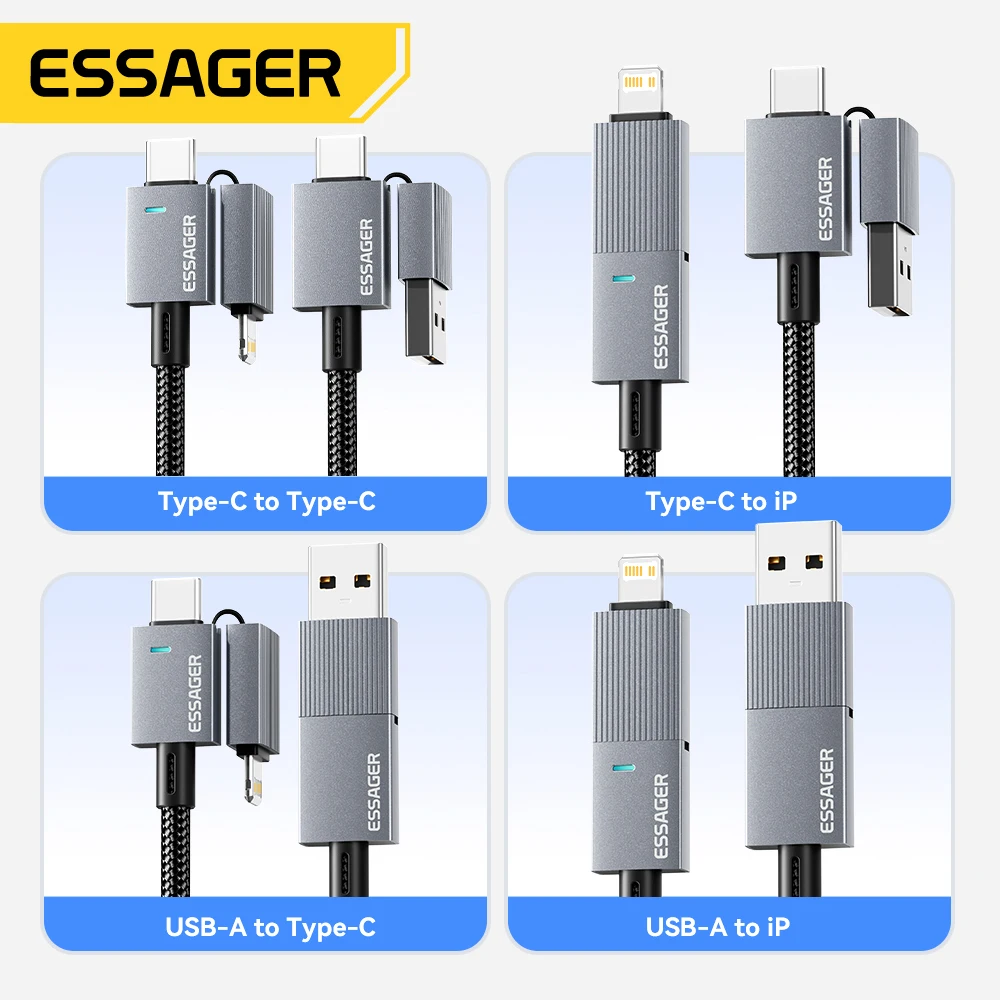 Cable de Carga Rápida Essager 240W 4 en 1 para iPhone 17 16 15 Pro Max, Macbook, iPad, Xiaomi, Samsung, Macbook, USB Tipo C a USB C