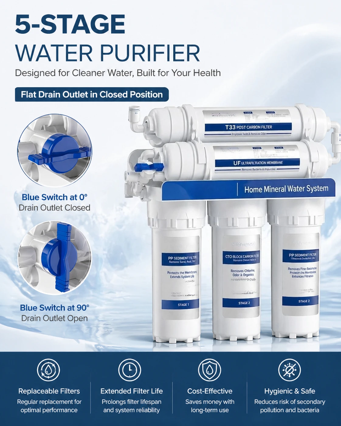 Filtro de agua debajo del fregadero: purificador de agua del grifo de cocina de ultrafiltración de 5 etapas para el hogar, prefiltro de bebida directa certificado NSF