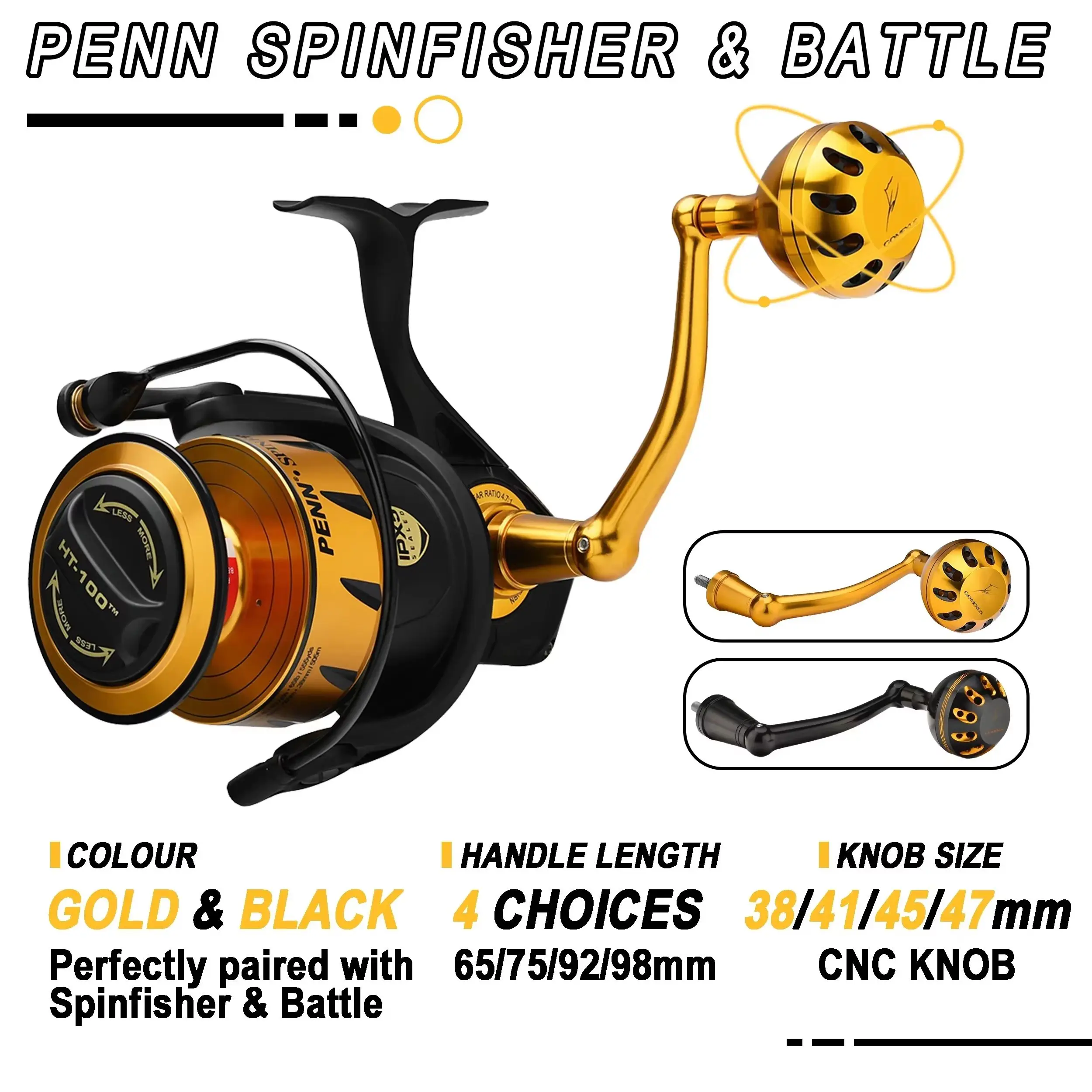 Carrete de Pesca Giratorio Gomexus Penn Handle Spinfisher Battle Slammer Fierce Conflict Pursuit 65-98mm