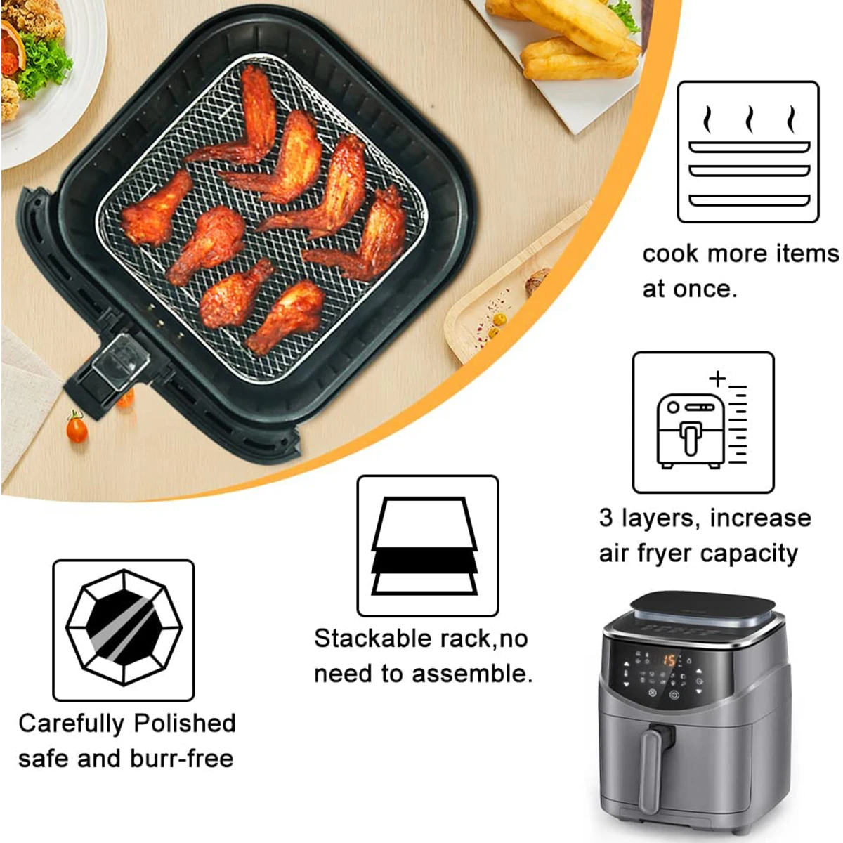 Bastidores de freidora de aire de 3 capas, cesta cuadrada de acero inoxidable, bandeja apilable, deshidratador, accesorios para freidora de aire, aptos para Cocina