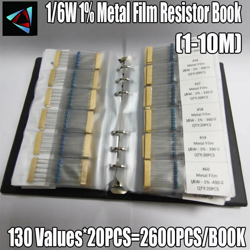 Juego de resistencias de película metálica, Kit surtido de libros, 2600 unids/lote, 130 valores, 1/6W, 0.125W, 1%, 1-10M