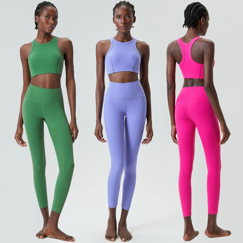 Traje de gimnasio de alto impacto para mujer, conjunto de dos piezas de tela acanalada para Fitness y Yoga, ropa deportiva elástica ajustada para correr, ropa de entrenamiento