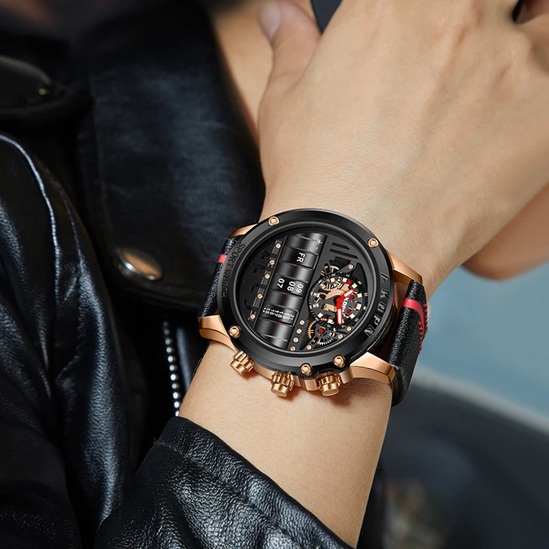 Reloj de cuarzo electrónico de lujo para hombre, relojes de negocios, reloj de pulsera creativo para hombre, relojes con correa de cuero con fecha giratoria única