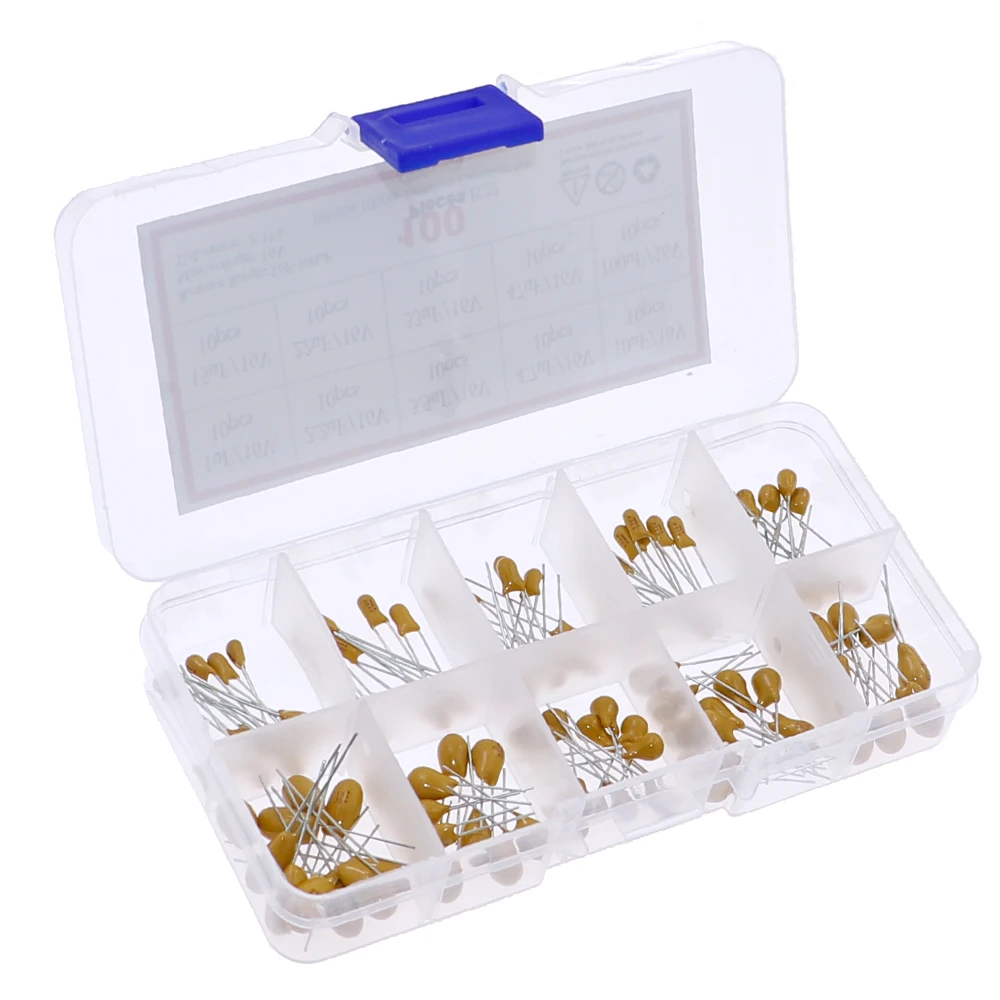 100 Uds 10 valores x 10 Uds 16V Kit surtido de condensadores de tantalio 1uF 2,2uF 3,3uF 4,7uF 10uF 15uF 22uF 33uF 47uF 100uF