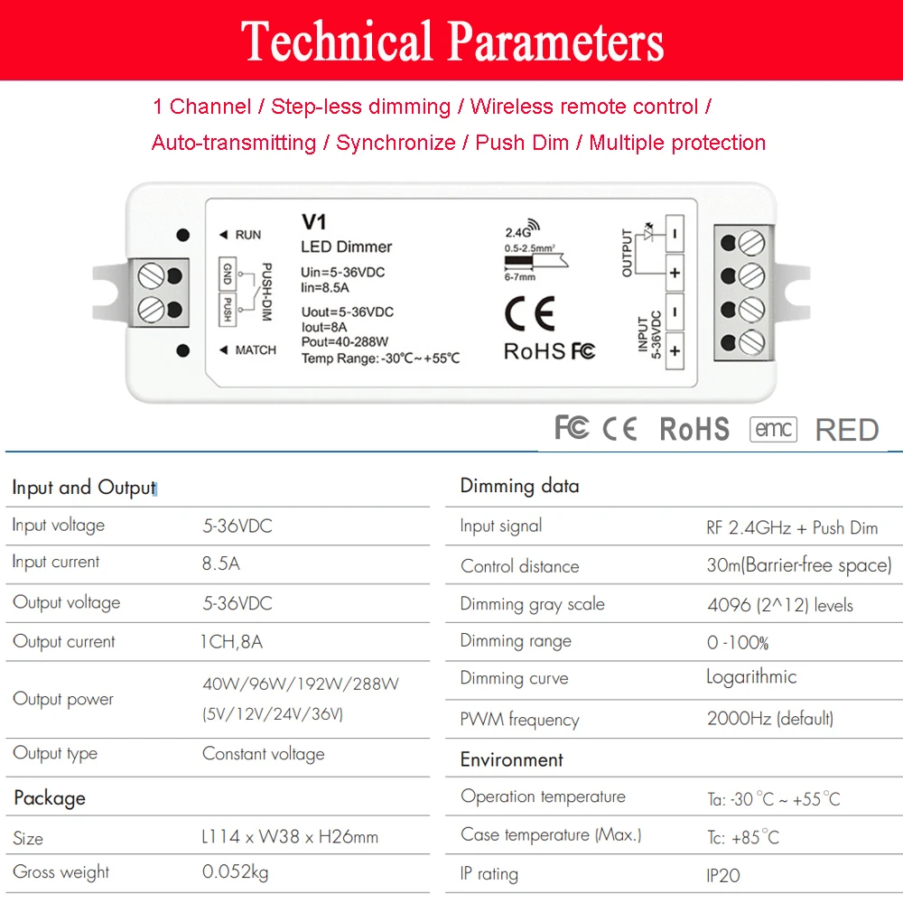 Atenuador de luz LED V1, 1 canal, 5V, 12V, 24V, 36V, 4 zonas, un solo Color, Kit de atenuación, inalámbrico, 2,4G, Control remoto RF, Interruptor táctil