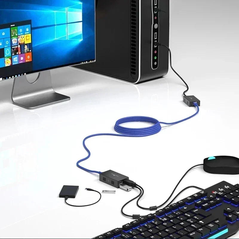 Extensor USB de 4 puertos, Cable RJ45 Ethernet CAT6, transmisor y receptor, Kit para ratón, teclado, escáner de impresora, 120M