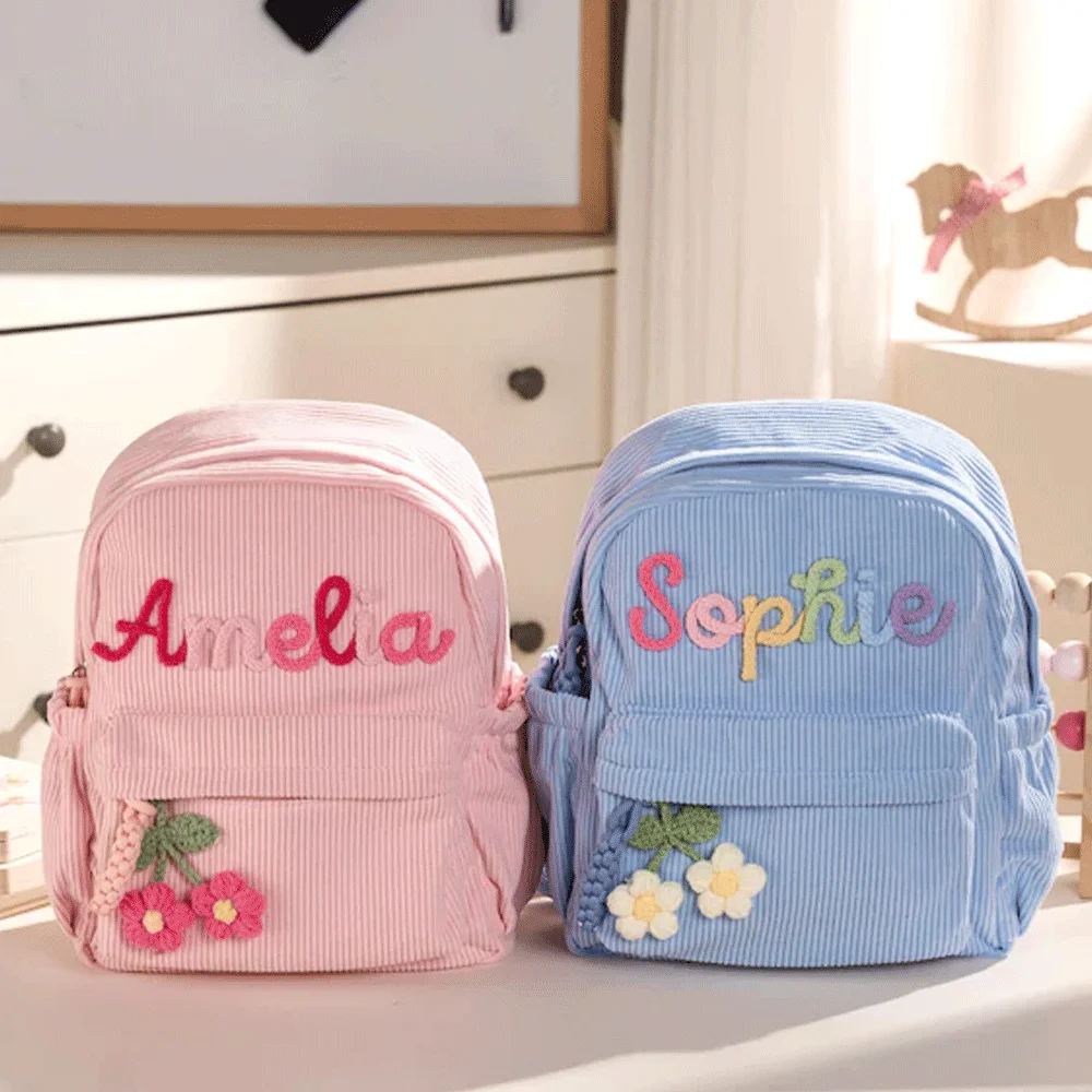 Mochila pequeña de pana personalizada de alta calidad – Mochila escolar personalizable con estampado de nombre; Bonita y práctica