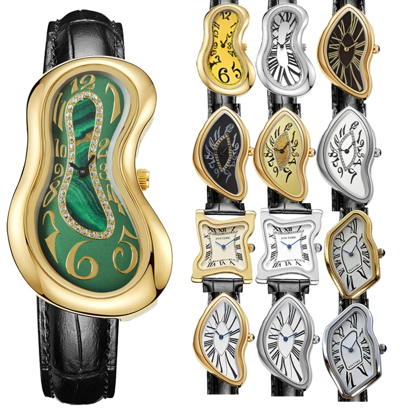 Reloj de Pulsera de Cuarzo con Diseño Surrealista de Reloj Fundido, Correa de Cuero, Creativo y Moderno para Hombre y Mujer