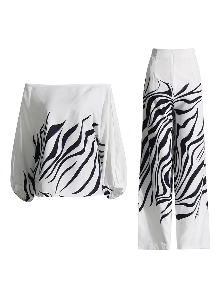 TWOTWINSTYLE-Conjunto de dos piezas con estampado informal para mujer, Tops de manga farol con cuello oblicuo, pantalón de cintura alta, holgado, a la moda