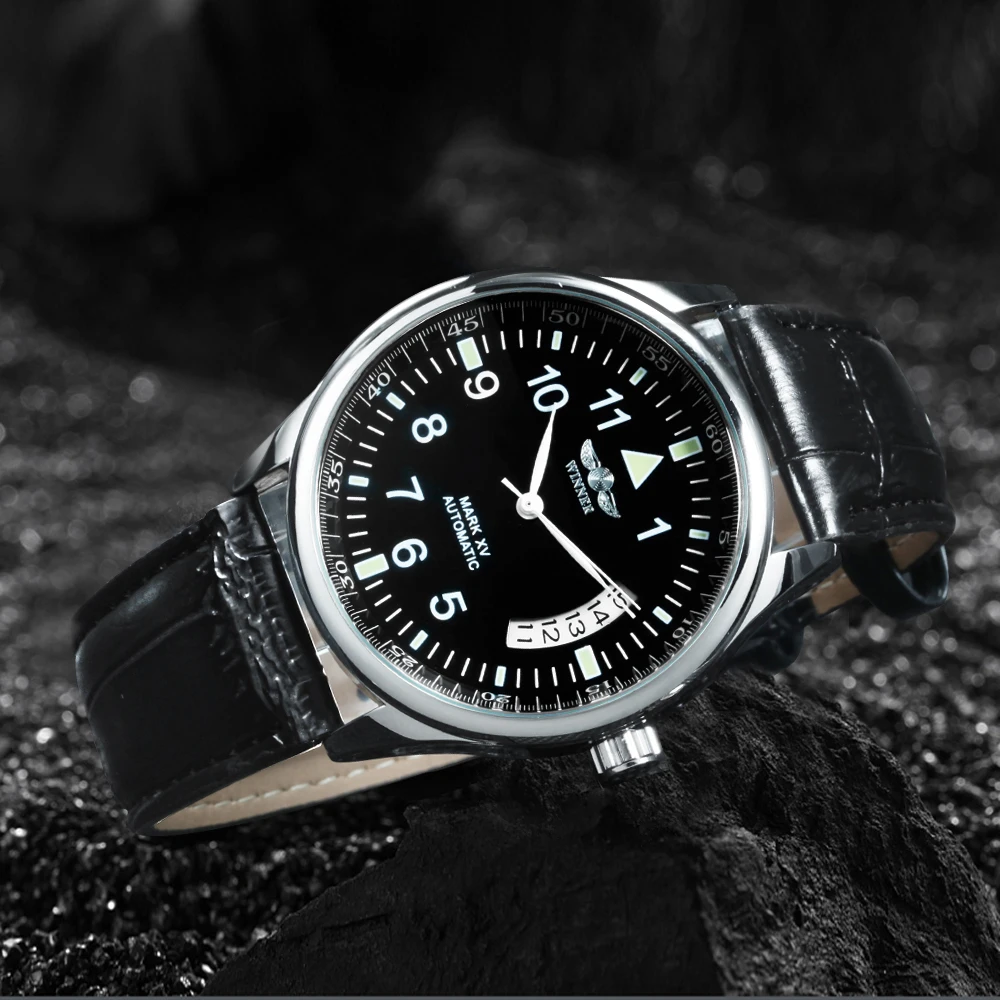 Reloj Automático de negocios WINNER para hombre, ventana con calendario, esfera negra a la moda, correa de cuero de moda, relojes mecánicos de marca de lujo