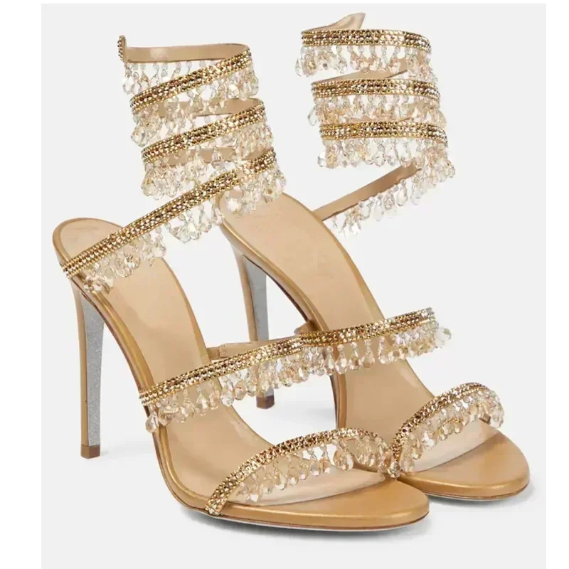 2025 nueva moda para mujer, zapatos con borlas de cristal, tacones altos de aguja sexis para fiesta y banquete, sandalias grandes para mujer, zapatos de baile