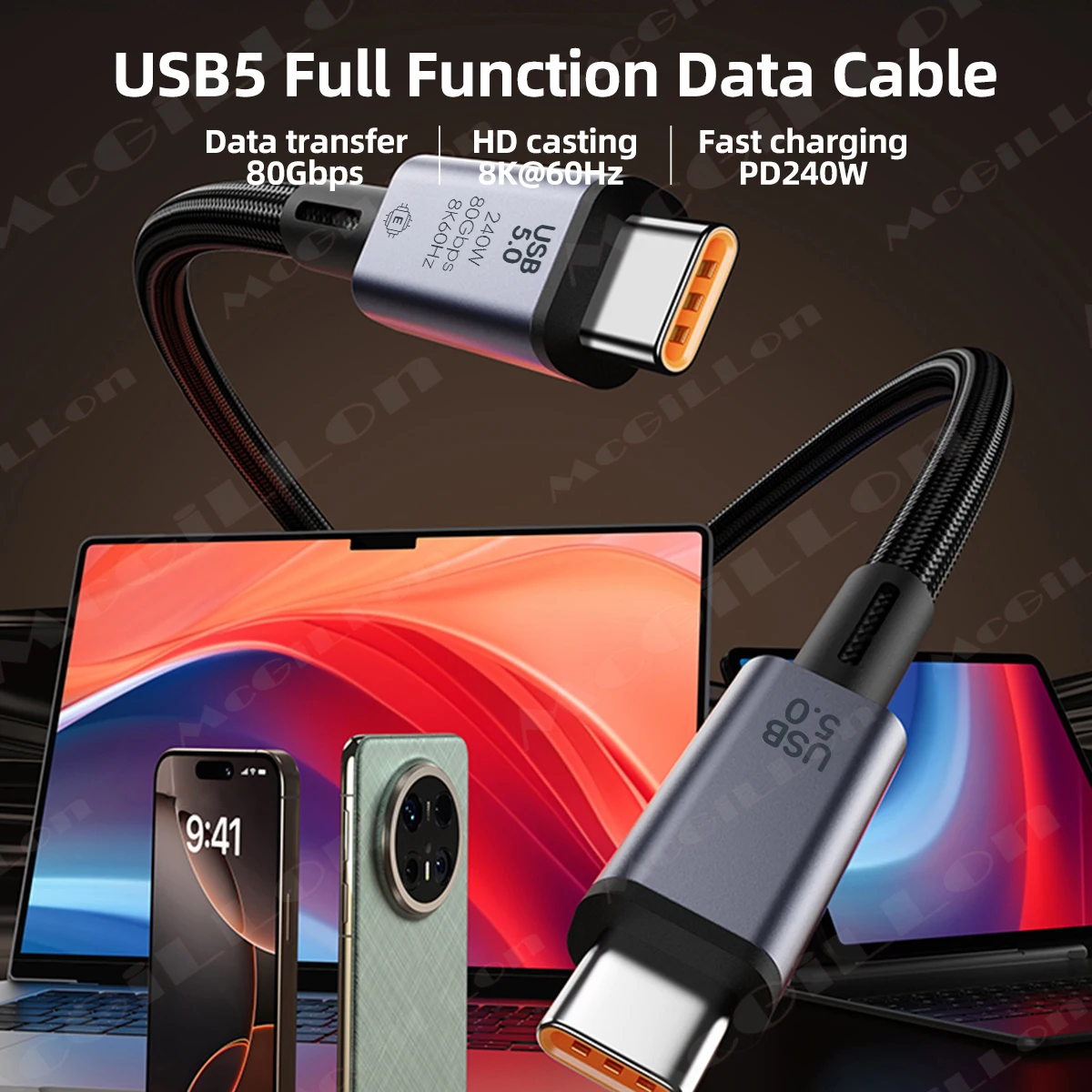 Cable USB5 de 80 Gbps y 240 W 8K para Thunderbolt 5 Tipo C, Carga Rápida Thunderbolt 4, USB 5.0, Cable de Transferencia de Datos USB-C a C para Portátil