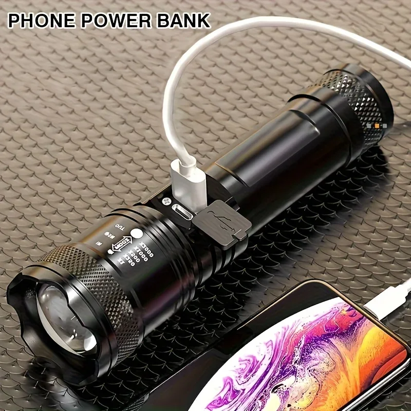 Linterna con Zoom telescópico, Luz LED de alta potencia recargable por USB, linterna táctica portátil para exteriores, luz fuerte