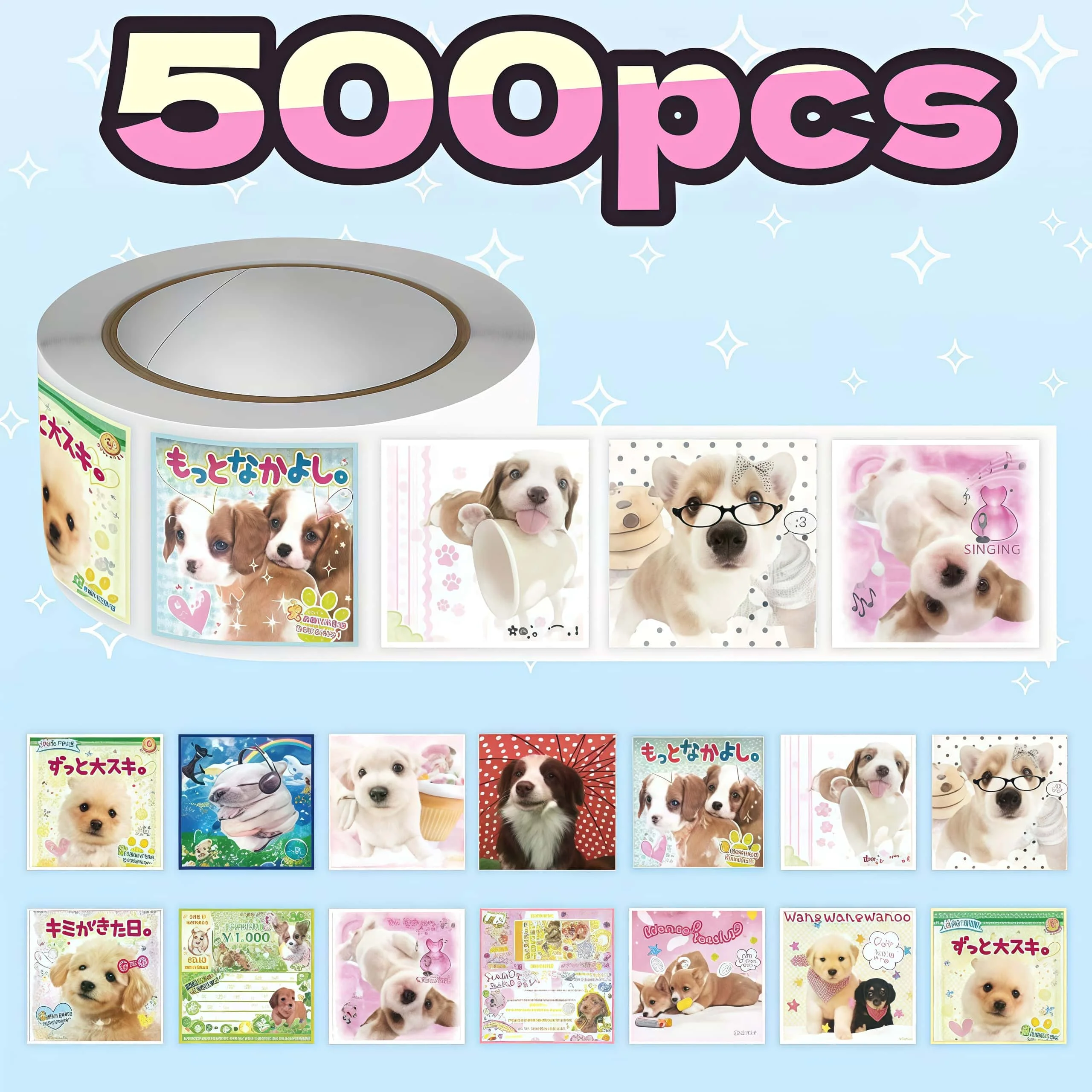500 pegatinas cuadradas de cachorros lindos, etiquetas adhesivas de perros Kawaii para empaques, diarios y decoraciones DIY