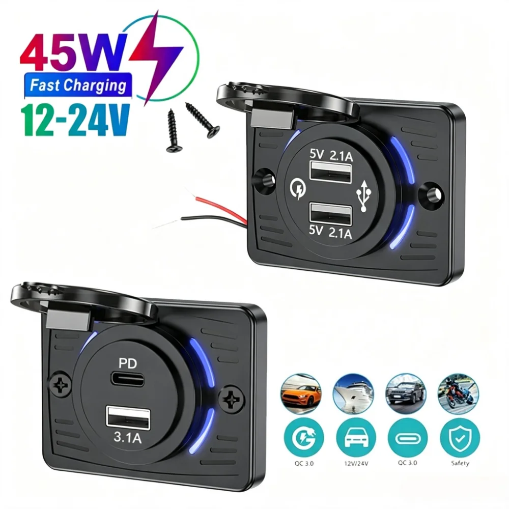 Cargador de Coche 12V-24V PD+USB, 45W Carga Rápida, Indicador LED Azul, Toma de Corriente Integrada con Cubierta Abatible Impermeable para Coche y Motocicleta