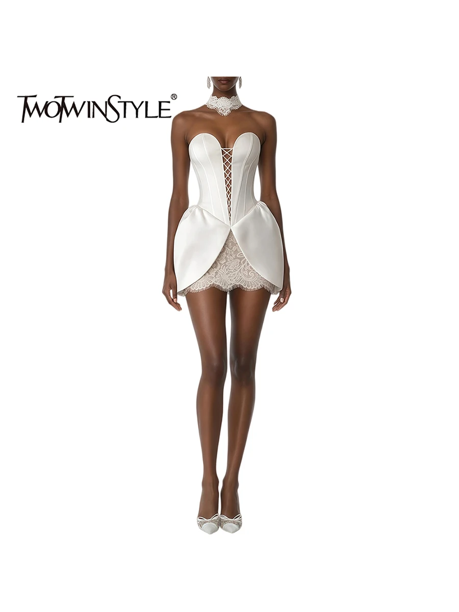 Vestidos Sólidos con Aberturas TWOTWINSTYLE para Mujer, sin Tirantes, sin Mangas, Cintura Alta, con Parches de Encaje, Mini Vestido Sexy, Moda Femenina