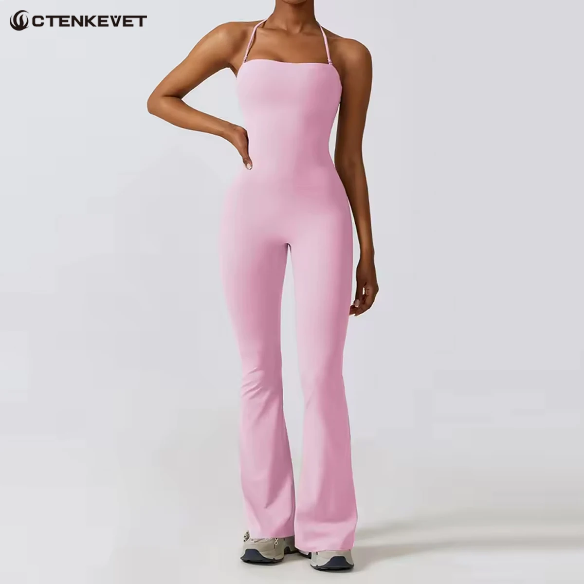 Nuevo mono de yoga sin mangas para mujer, overol acampanado para gimnasio, ropa deportiva con cuello halter y espalda descubierta para mujer