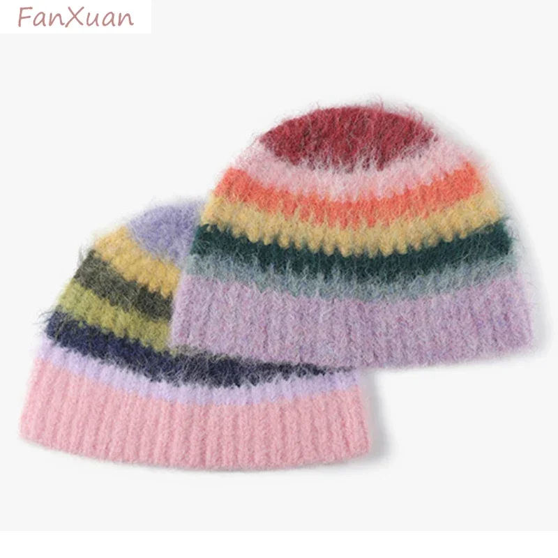 Gorro de punto a rayas para mujer y niña, ropa de calle Y2k, gorro de pescador tejido de lana con rayas degradadas de arcoíris, moda de invierno