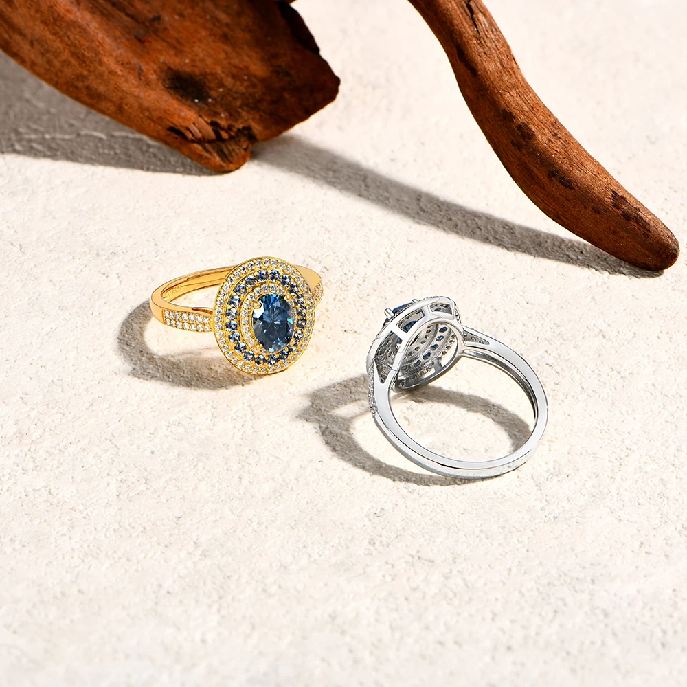 Anillos de moissanita azul ATTAGEMS para mujer, corte ovalado, 1,0 CT, joyería de plata de ley S925 auténtica para boda, anillo de compromiso con certificado