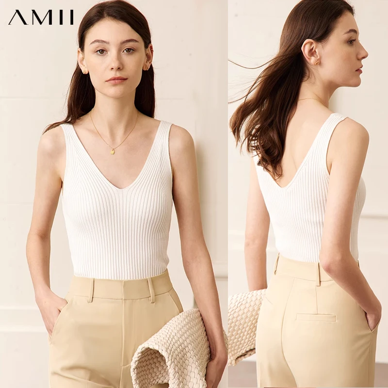 Amii Minimalism, novedad de verano, camisola para mujer, Tops de oficina para mujer, chaleco ajustado sexi con cuello en V, camisetas sin mangas para niñas, ropa de calle 12321058