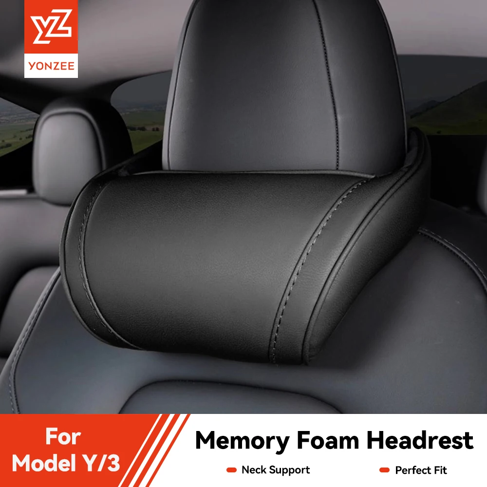 Almohada de viaje para reposacabezas de asiento YZ, almohada para el cuello para Tesla Model 3/Y/X/S, almohada de cuero PU para el cuello, almohadas de espuma viscoelástica, accesorios para coche 2025