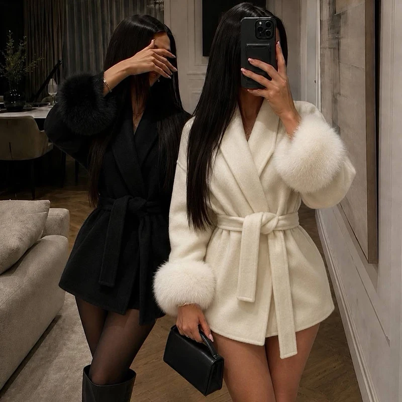 Abrigos de lana de piel de zorro TARUXY, abrigo corto para mujer, abrigo de lana de doble cara elegante extraíble para oficina para mujer, chaqueta cárdigan nueva 2025