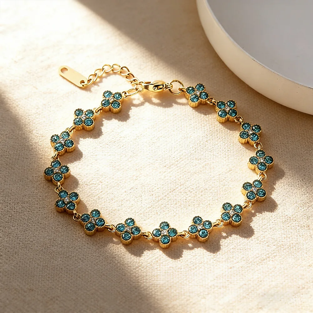 Pulsera de Acero Inoxidable con Cubierta de Flores de Circonia Cúbica de Colores, Ajustable, con Trébol de Cuatro Hojas y Flores de Circonia, Joyería para Mujer