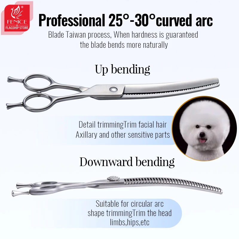 Tijeras de aseo Fenice, tornillo de diamante de 7/7,5/8 pulgadas, tijeras profesionales curvadas, tijeras más delgadas para herramientas de esteticista para mascotas