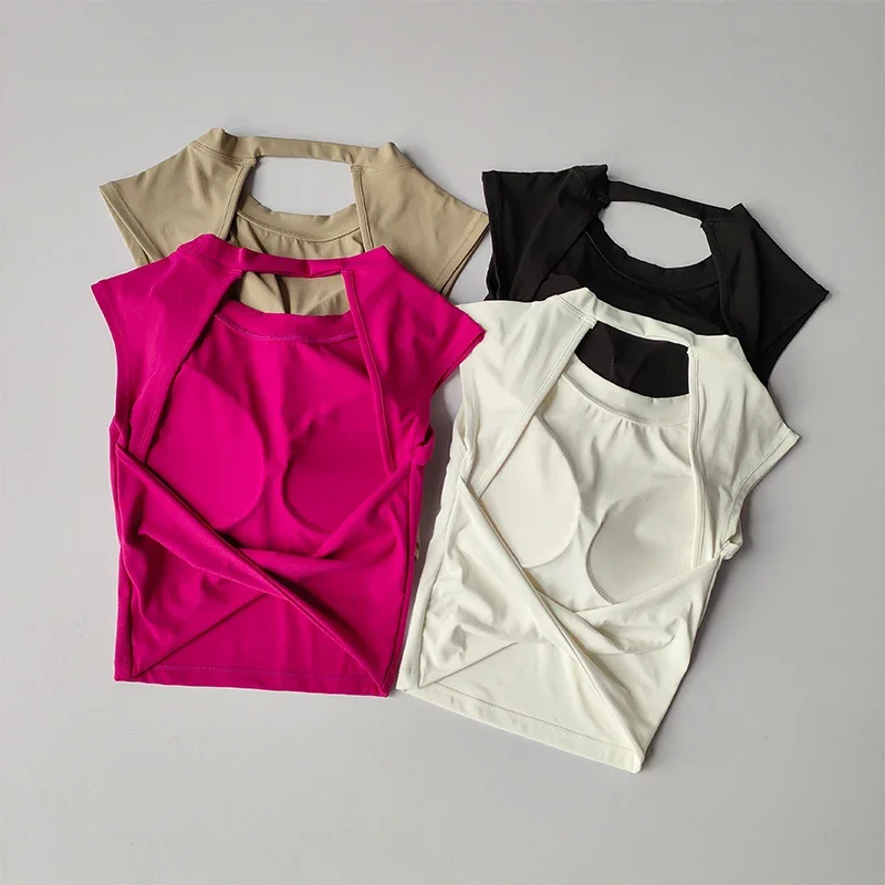 Camiseta deportiva con almohadilla fija para el pecho para mujer, chaleco Sexy corto con espalda descubierta, traje de Yoga adelgazante de secado rápido, ropa superior