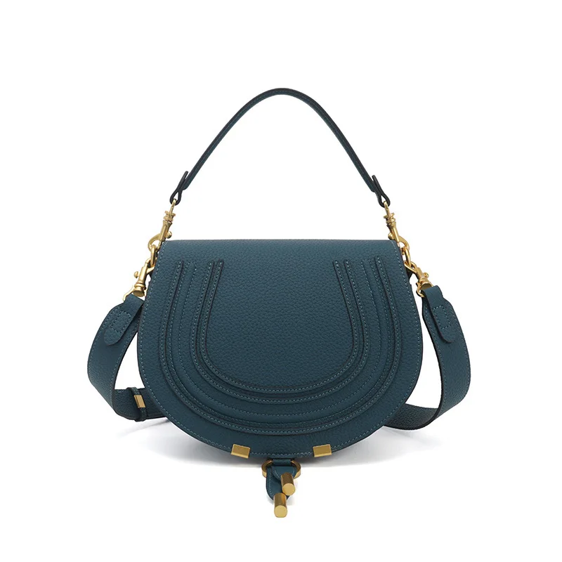 Bolso bandolera Pebbled Saddle para mujer, con costuras en forma de U, herrajes de metal dorado, correa ajustable, bolso de hombro vintage.