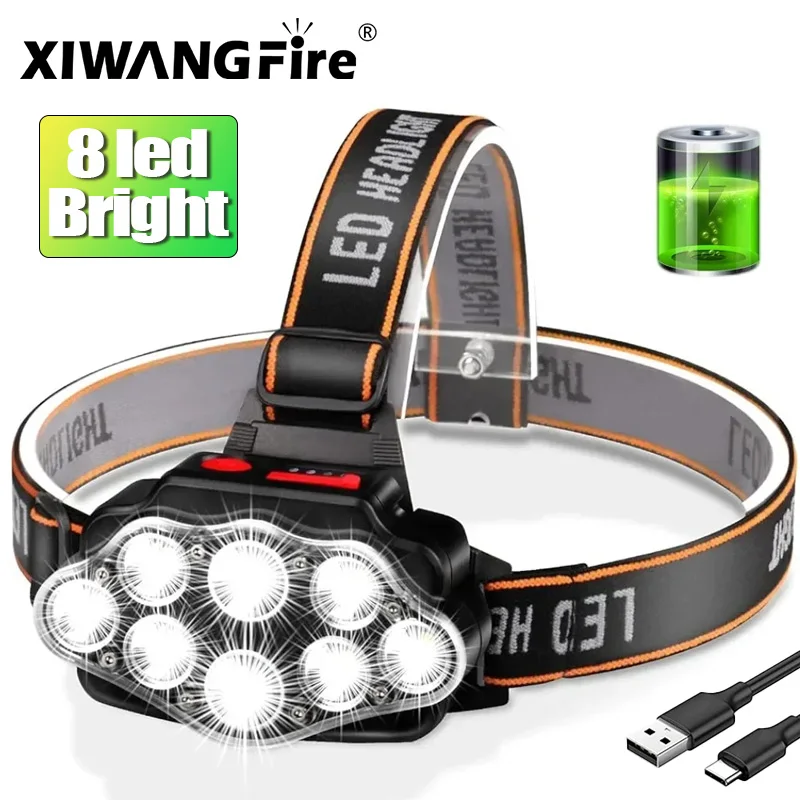 Potente linterna de cabeza recargable de 8LED para pesca, faro Led, faros de Camping, linterna de caza, linternas delanteras para senderismo