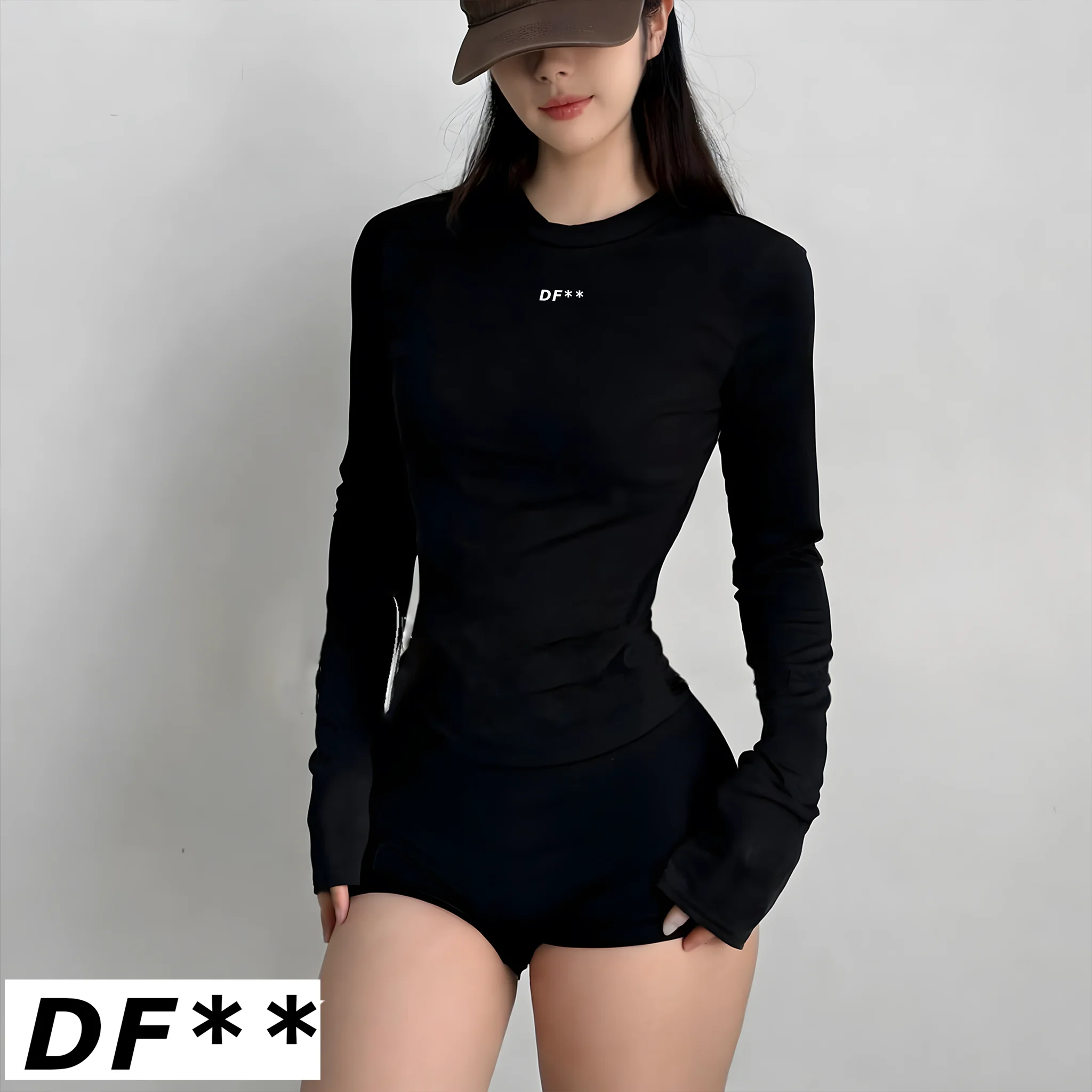 Conjunto Deportivo de 2 Piezas para Mujer Estilo DF LOGO, Tejido Sin Costuras, Top Corto de Manga Larga, Shorts Deportivos de Alta Elasticidad con Control de Abdomen, para Yoga y Entrenamiento