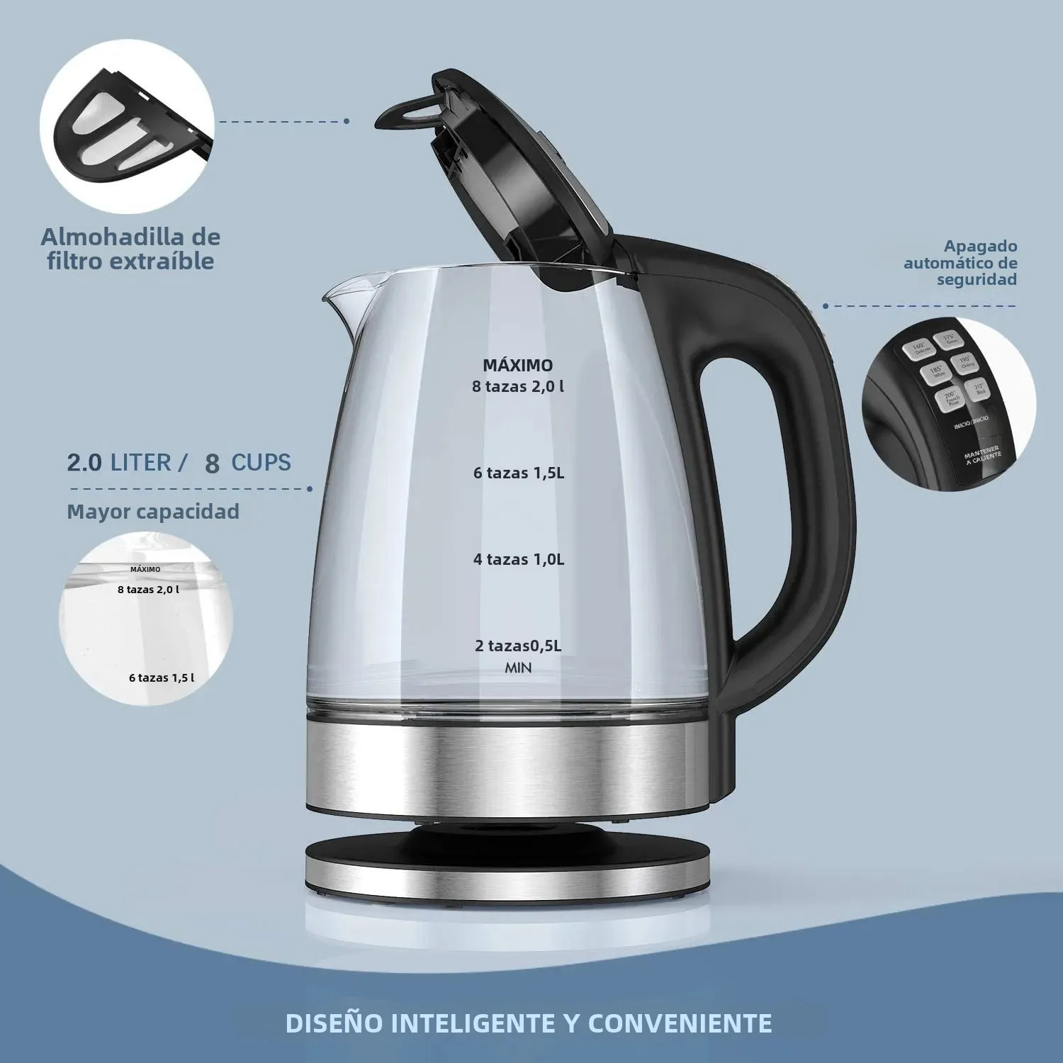 DEVISIB Hervidor eléctrico de vidrio, ebullición rápida de 2200 W, control de temperatura, mantener caliente las 4 horas, tetera de 2,0 L y caldera de agua caliente
