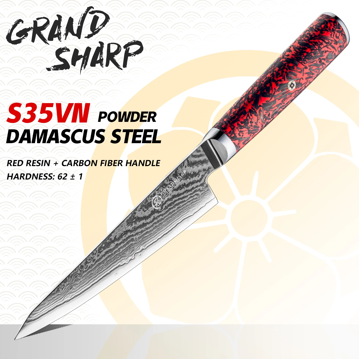 Grandsharp-cuchillo de cocina de Damasco, multiusos, súper afilado, de acero S35VN, para Chef, con mango de resina roja, 5,8 pulgadas