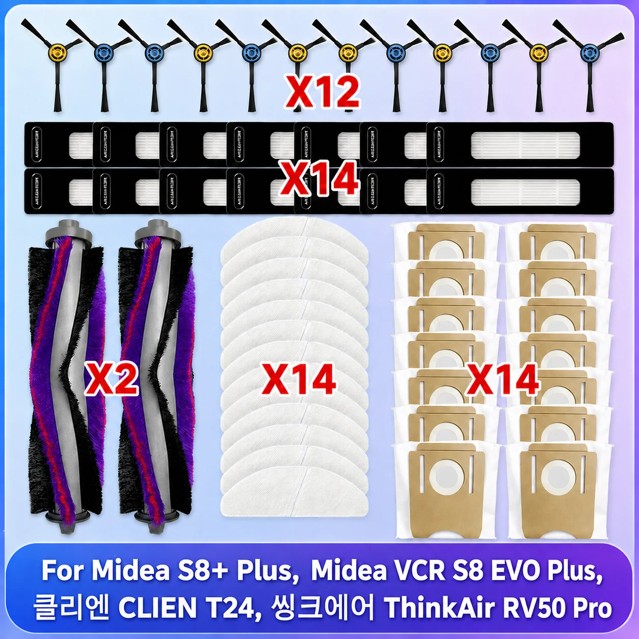 Piezas de repuesto para Midea S8+ Plus, Midea VCR S8 EVO Plus, 클리엔 CLIEN T24, 씽크에어 ThinkAir RV50 Pro Robot Aspiradora Accesorios Cepillo Lateral Principal Filtro Paño de Trapear Bolsa de Polvo