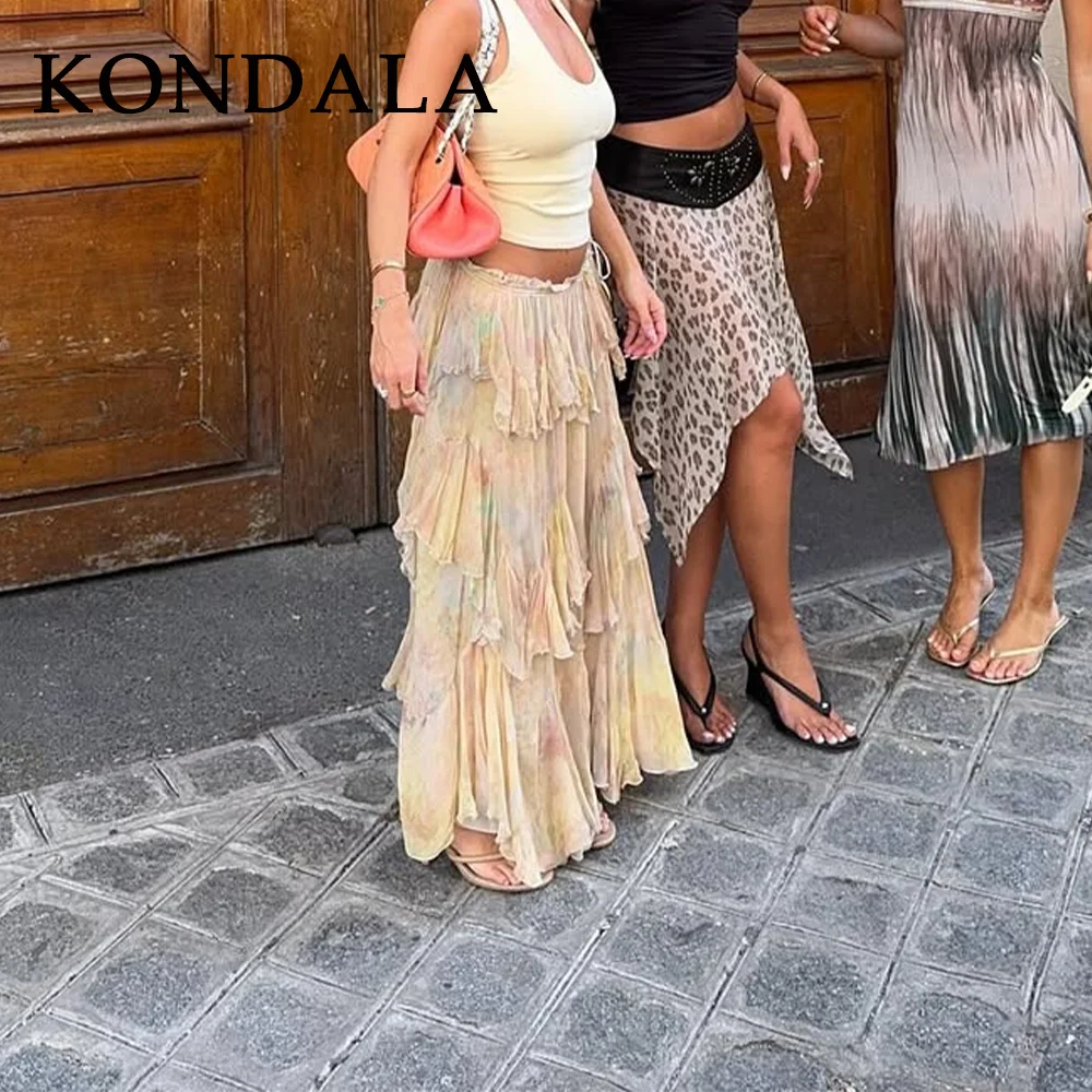 KONDALA Primavera Verano 2026, Faldas Casuales Estampadas para Mujer, Elegantes y a la Moda, Estilo Playa, Falda Larga en A con Volantes para Damas