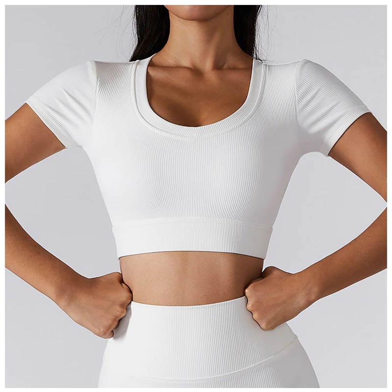 Tops sin costuras para mujer, camisas de Yoga de manga corta con cuello de pico profundo, Top corto de Fitness, camisas de Yoga para mujer, ropa deportiva para gimnasio