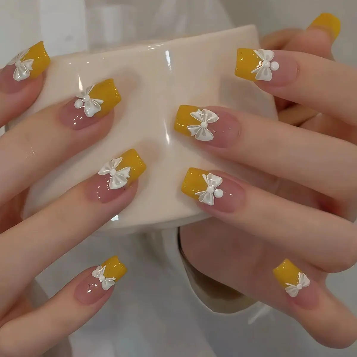 Adornos de Uñas 5D con Perlas Blancas, Lazo Francés con Puntos, Corazón de Perlas y Cadena de Perlas, Adhesivos Autoadhesivos para Decoración de Manicura para Mujeres