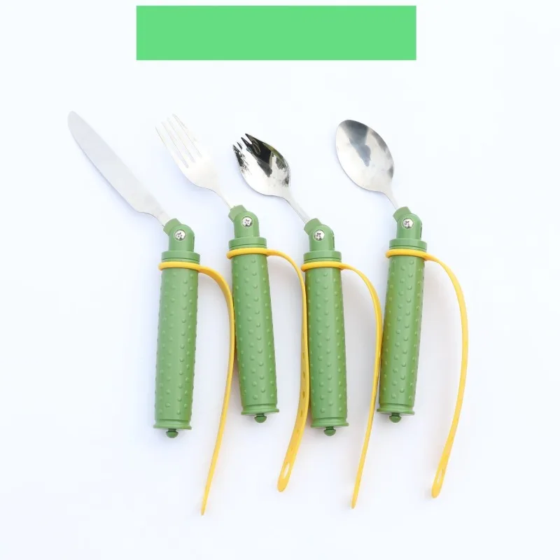 Set de Cubiertos Asistivos para Personas Mayores, Tenedor/Cuchara de Acero Inoxidable de Grado Alimenticio con Correas Antideslizantes y Ángulo Ajustable