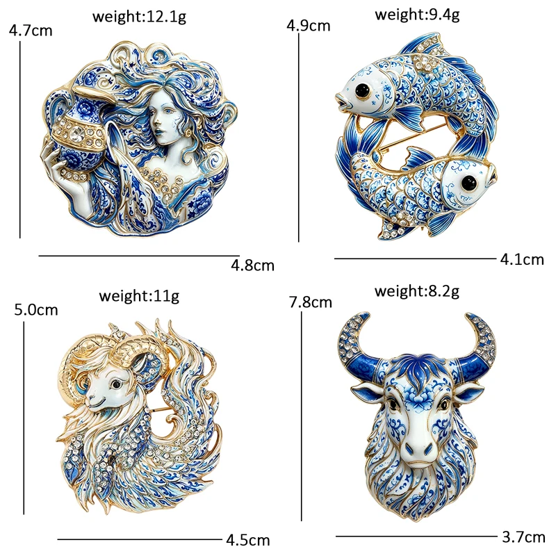 Broches de Lujo Barrocos con los 12 Signos del Zodiaco para Mujer, Unisex, Diseño de Porcelana Azul y Blanca, Broches de Animales para Fiesta o Uso Diario, Regalos