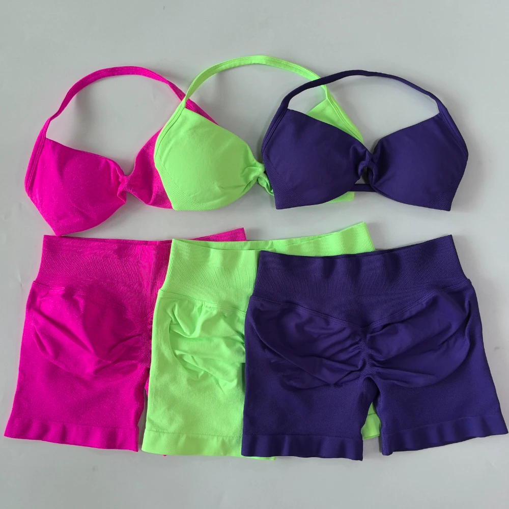 Conjunto de gimnasio sin logotipo para mujer, sujetador de Yoga con tiras, Top de cintura alta, pantalones cortos de entrenamiento, traje deportivo, conjunto de Yoga sin costuras, ropa de Fitness, 2 uds.