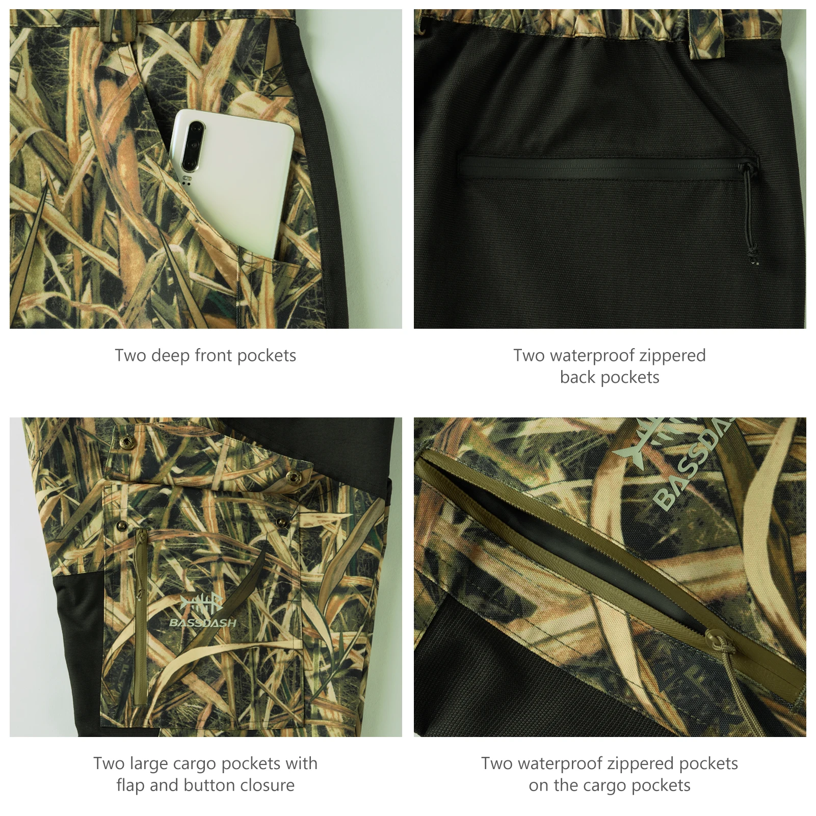 BASSDASH pantalones de caza empalmados para hombre, pantalones impermeables con estampado de lengüetas, transpirables, de camuflaje, para pesca y lluvia