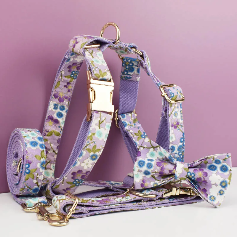 Arnés Ajustable para Perro, Estampado Morado, Algodón Suave, Collar Personalizado para Perro, Juego de Correas y Arnés con Lazo, Accesorios para Perro, Flores 03