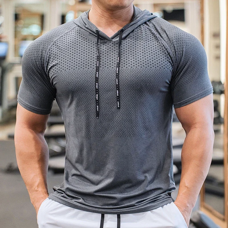 Sudaderas con capucha para correr para hombre, culturismo, deporte, manga corta, gimnasios, ropa de Fitness, camisa muscular, camiseta de entrenamiento de secado rápido