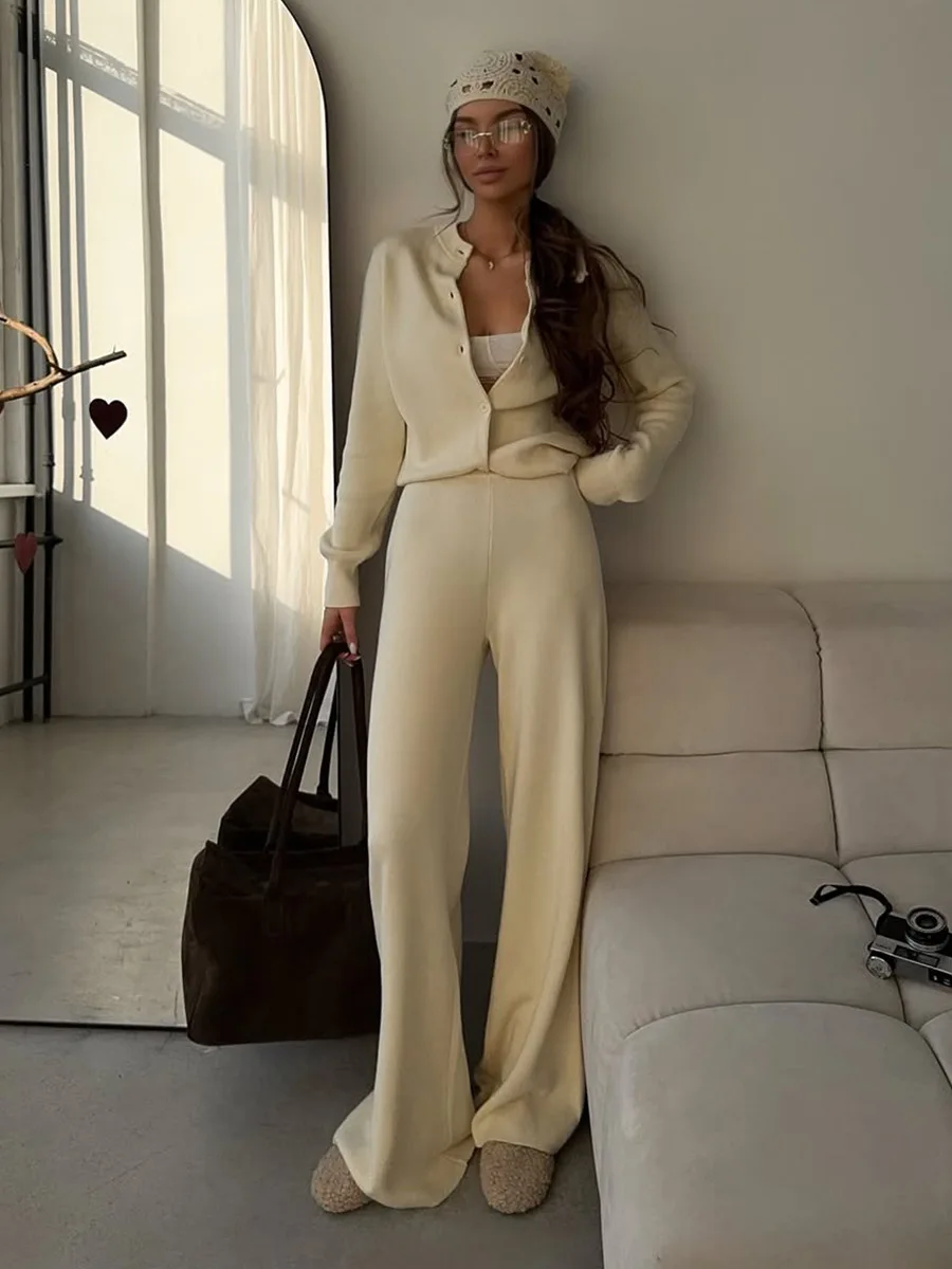 Wolfeel, nuevo cárdigan de punto para otoño e invierno para mujer, conjunto de pantalones ajustados de manga larga, pantalones largos, traje de suéter Simple de Color sólido