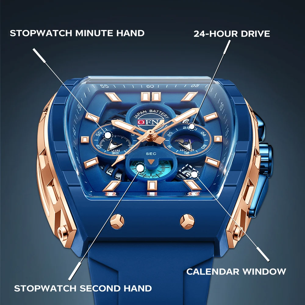 Relojes de cuarzo OFNS a la moda para hombre, cronógrafo luminoso resistente al agua, calendario, correa de silicona, reloj deportivo de lujo para exteriores para hombre